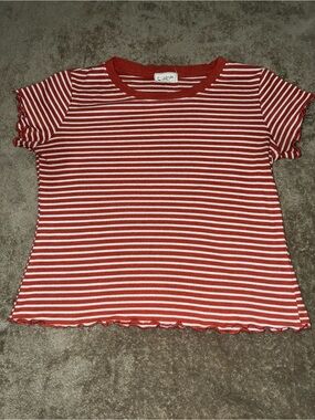 Heart & Hips Red and White Striped Ribbed Lettuce Trim Baby Tee